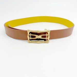 Reversible Yellow & Camel Belt With Oversized Gold Bamboo Buckle